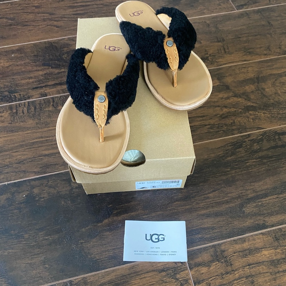 UGG ALICIA BLACK LEATHER/ SHEARLING  FLIP FLOP SANDALS
